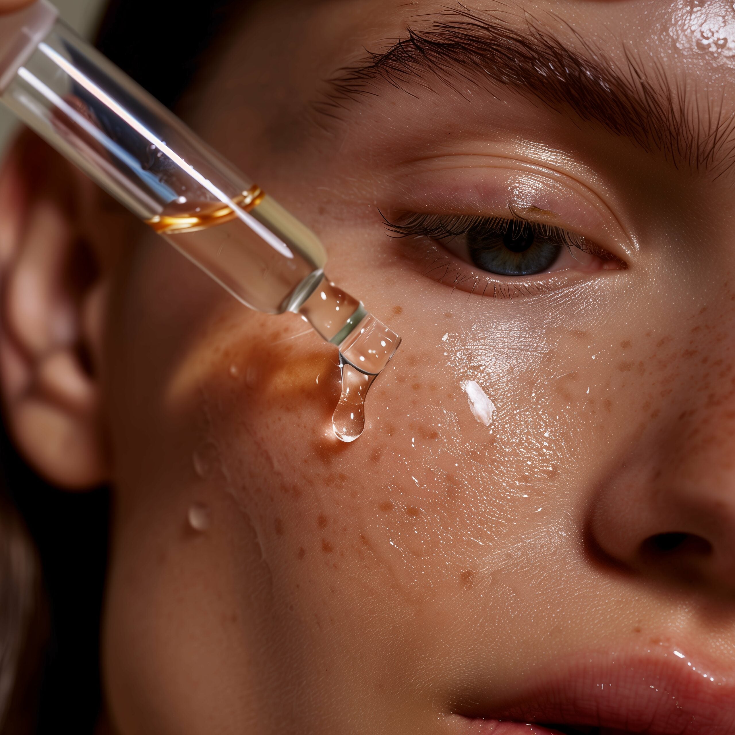Serum Dropping product on model's face -- extreme close up. 